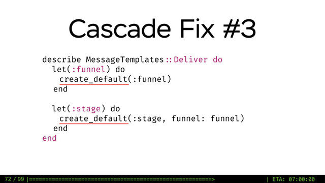 / 99
Cascade Fix #3
72
describe MessageTemplates ::Deliver do
let(:funnel) do
create_default(:funnel)
end
let(:stage) do
create_default(:stage, funnel: funnel)
end
end
|========================================================> | ETA: 07:00:00

