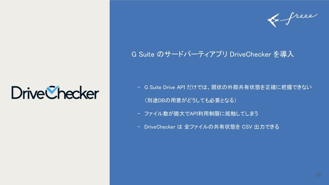 20
G Suite のサードパーティアプリ DriveChecker を導入
- G Suite Drive API だけでは、現状の外部共有状態を正確に把握できない
（別途DBの用意がどうしても必要となる）
- ファイル数が膨大でAPI利用制限に抵触してしまう
- DriveChecker は 全ファイルの共有状態を CSV 出力できる

