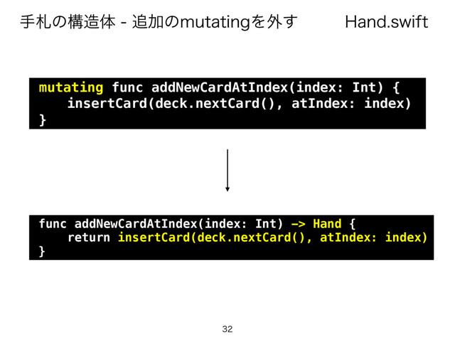 )BOETXJGU
खࡳͷߏ଄ମ௥ՃͷNVUBUJOHΛ֎͢

mutating func addNewCardAtIndex(index: Int) {
insertCard(deck.nextCard(), atIndex: index)
}
func addNewCardAtIndex(index: Int) -> Hand {
return insertCard(deck.nextCard(), atIndex: index)
}
