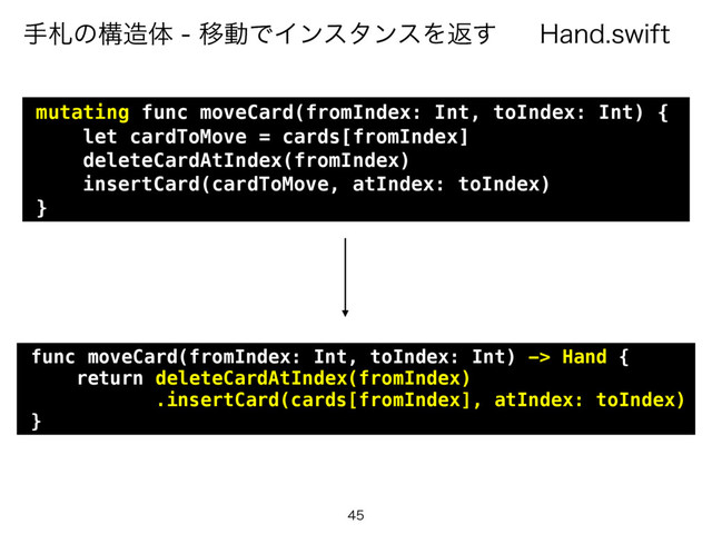)BOETXJGU
खࡳͷߏ଄ମҠಈͰΠϯελϯεΛฦ͢

func moveCard(fromIndex: Int, toIndex: Int) -> Hand {
return deleteCardAtIndex(fromIndex)
.insertCard(cards[fromIndex], atIndex: toIndex)
}
mutating func moveCard(fromIndex: Int, toIndex: Int) {
let cardToMove = cards[fromIndex]
deleteCardAtIndex(fromIndex)
insertCard(cardToMove, atIndex: toIndex)
}
