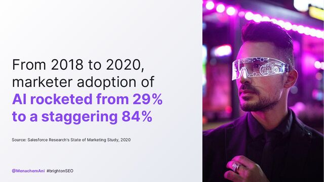 From 2018 to 2020,
marketer adoption of
AI rocketed from 29%
to a staggering 84%
Source: Salesforce Research's State of Marketing Study, 2020
@MenachemAni #brightonSEO
