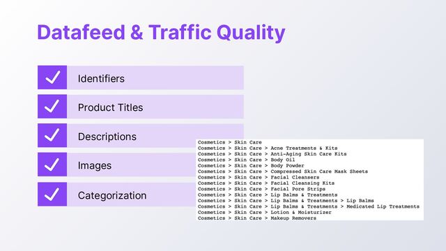 Datafeed & Traffic Quality
Identifiers
Product Titles
Descriptions
Images
Categorization
