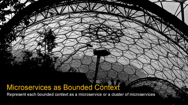 Microservices as Bounded Context
Represent each bounded context as a microservice or a cluster of microservices
