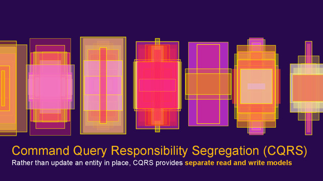 Command Query Responsibility Segregation (CQRS)
Rather than update an entity in place, CQRS provides separate read and write models
