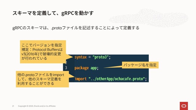 gRPC .proto
Copyright © 2020, Oracle and/or its affiliates
21
Protocol Buffers
v3(2016 )
.proto import
