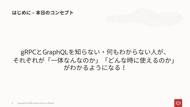 gRPC GraphQL
Copyright © 2020, Oracle and/or its affiliates
4
