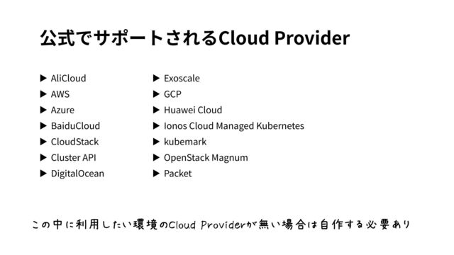 公式でサポートされるCloud Provider
▶ AliCloud
▶ AWS
▶ Azure
▶ BaiduCloud
▶ CloudStack
▶ Cluster API
▶ DigitalOcean
▶ Exoscale
▶ GCP
▶ Huawei Cloud
▶ Ionos Cloud Managed Kubernetes
▶ kubemark
▶ OpenStack Magnum
▶ Packet
この中に利用したい環境のCloud Providerが無い場合は自作する必要あり
