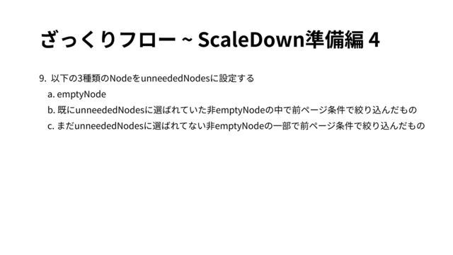 ざっくりフロー ~ ScaleDown準備編 4
9. 以下の3種類のNodeをunneededNodesに設定する
a. emptyNode
b. 既にunneededNodesに選ばれていた⾮emptyNodeの中で前ページ条件で絞り込んだもの
c. まだunneededNodesに選ばれてない⾮emptyNodeの⼀部で前ページ条件で絞り込んだもの
