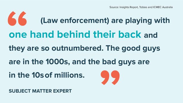 (Law enforcement) are playing with
one hand behind their back and
they are so outnumbered. The good guys
are in the 1000s, and the bad guys are
in the 10s of millions.
“
“ Source: Insights Report, Tobias and ICMEC Australia
SUBJECT MATTER EXPERT
