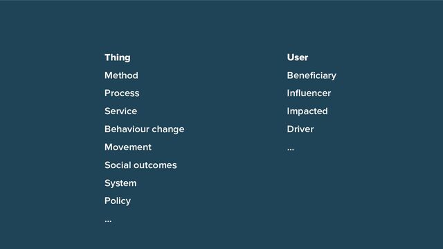 Thing
Method
Process
Service
Behaviour change
Movement
Social outcomes
System
Policy
…
User
Beneﬁciary
Inﬂuencer
Impacted
Driver
…

