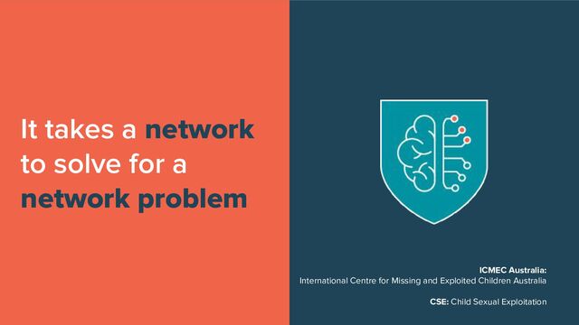It takes a network
to solve for a
network problem
ICMEC Australia:
International Centre for Missing and Exploited Children Australia
CSE: Child Sexual Exploitation
