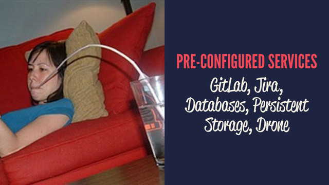 PRE-CONFIGURED SERVICES
GitLab, Jira,
Databases, Persistent
Storage, Drone
