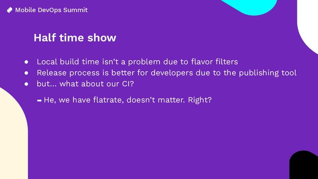 Half time show
● Local build time isn’t a problem due to ﬂavor ﬁlters
● Release process is better for developers due to the publishing tool
● but… what about our CI?
➡ He, we have ﬂatrate, doesn’t matter. Right?
