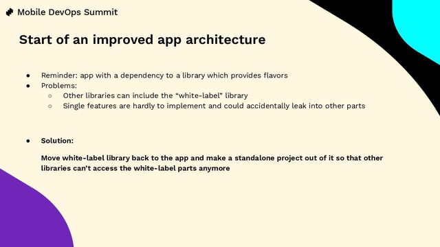 ● Reminder: app with a dependency to a library which provides ﬂavors
● Problems:
○ Other libraries can include the “white-label” library
○ Single features are hardly to implement and could accidentally leak into other parts
● Solution:
Move white-label library back to the app and make a standalone project out of it so that other
libraries can’t access the white-label parts anymore
Start of an improved app architecture
