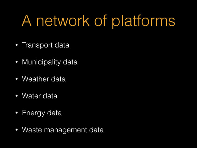 A network of platforms
• Transport data
• Municipality data
• Weather data
• Water data
• Energy data
• Waste management data
