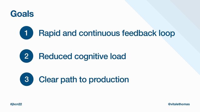 Goals
#jbcn22 @vitalethomas
2 Reduced cognitive load
3 Clear path to production
1 Rapid and continuous feedback loop
