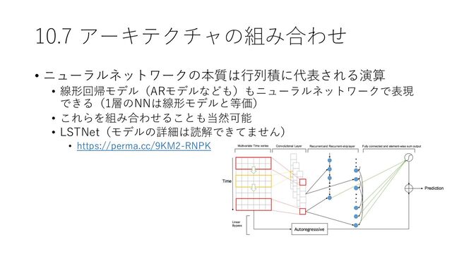 10.7 アーキテクチャの組み合わせ
• ニューラルネットワークの本質は⾏列積に代表される演算
• 線形回帰モデル（ARモデルなども）もニューラルネットワークで表現
できる（1層のNNは線形モデルと等価）
• これらを組み合わせることも当然可能
• LSTNet（モデルの詳細は読解できてません）
• https://perma.cc/9KM2-RNPK
