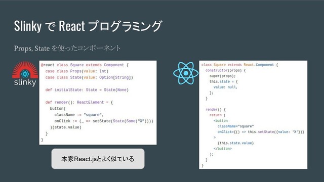 Slinky で React プログラミング
Props, State
を使ったコンポーネント
本家React.jsとよく似ている
