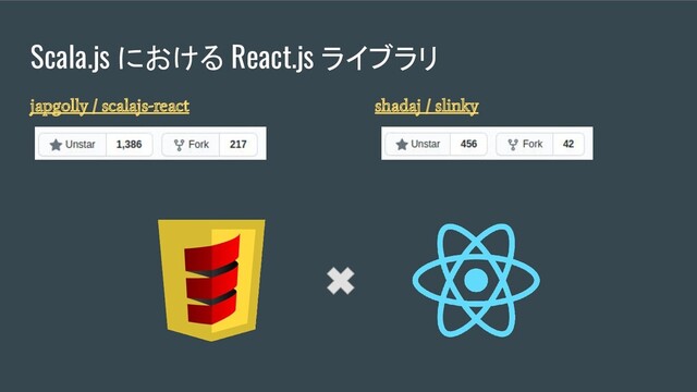 Scala.js における React.js ライブラリ
japgolly / scalajs-react shadaj / slinky
