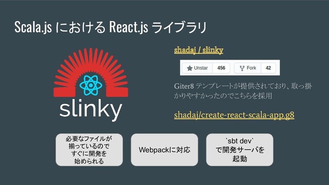 Scala.js における React.js ライブラリ
shadaj / slinky
Giter8
テンプレートが提供されており、取っ掛
かりやすかったのでこちらを採用
shadaj/create-react-scala-app.g8
Webpackに対応
`sbt dev`
で開発サーバを
起動
必要なファイルが
揃っているので
すぐに開発を
始められる
