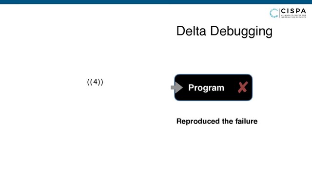Delta Debugging
8.2 - 27 - -9 / +((+9 * --2 + --+-+-((-1 * +(8 -
5 - 6)) * (-(a-+(((+(4))))) - ++4) / +(-+---((5.6
- --(3 * -1.8 * +(6 * +-(((-(-6) * ---+6)) / +--(+-
+-7 * (-0 * (+(((((2)) + 8 - 3 - ++9.0 + ---(--+7
/ (1 / +++6.37) + (1) / 482) / +++-+0)))) +
8.2 - 27 - -9 / +((+9 * --2 + --+-+-((-1 * +(8 -
5 - 6)) * (-(a-+(((+(4))))) - ++4) / +(-+---((5.6
- --(3 * -1.8 * +(6 * +-(((-(-6) * ---+6)) / +--(+-
+-7 * (-0 * (+(((((2)) + 8 - 3 - ++9.0 + ---(--+7
/ (1 / +++6.37) + (1) / 482) / +++-+0)))) * -
+5 + 7.513)))) - (+1 / ++((-84)))))))) * ++5 /
+-(--2 - -++-9.0)))) / 5 * --++090 + * -+5 +
7.513)))) - (+1 / ++((-84)))))))) * 8.2 - 27 - -9
/ +((+9 * --2 + --+-+-((-1 * +(8 - 5 - 6)) * (-(a-
+(((+(4))))) - ++4) / +(-+---((5.6 - --(3 * -1.8 *
+(6 * +-(((-(-6) * ---+6)) / +--(+-+-7 * (-0 * (+
(((((2)) + 8 - 3 - ++9.0 + ---(--+7 / (1 / ++
+6.37) + (1) / 482) / +++-+0)))) * -+5 +
7.513)))) - (+1 / ++((-84)))))))) * ++5 / +-(--2
- -++-9.0)))) / 5 * --++090 ++5 / +-(--2 - -+
+-9.0)))) / 5 * --++090
Program ✘
(( ))
4
Reproduced the failure
