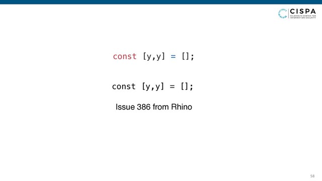 58
const [y,y] = [];
Issue 386 from Rhino
const [y,y] = [];
