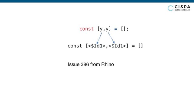 const [y,y] = [];
Issue 386 from Rhino
const [<$Id1>,<$Id1>] = []
