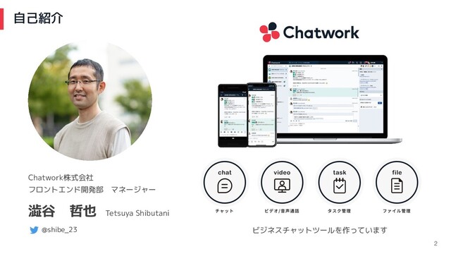 自己紹介
2
Chatwork株式会社
澁谷　哲也 Tetsuya Shibutani
フロントエンド開発部　マネージャー
ビジネスチャットツールを作っています
@shibe_23
