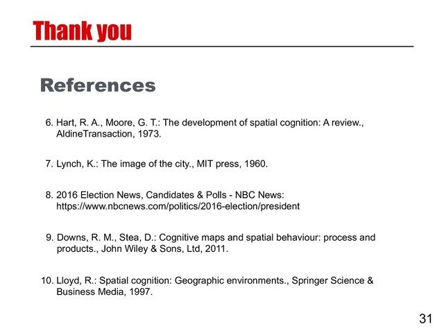 References
7. Lynch, K.: The image of the city., MIT press, 1960.
6. Hart, R. A., Moore, G. T.: The development of spatial cognition: A review.,
AldineTransaction, 1973.
8. 2016 Election News, Candidates & Polls - NBC News:
https://www.nbcnews.com/politics/2016-election/president
10. Lloyd, R.: Spatial cognition: Geographic environments., Springer Science &
Business Media, 1997.
31
Thank you
9. Downs, R. M., Stea, D.: Cognitive maps and spatial behaviour: process and
products., John Wiley & Sons, Ltd, 2011.

