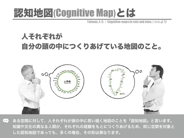 ೝ஌஍ਤ(Cognitive Map)ͱ͸
͋Δۭؒʹରͯ͠ɺਓͦΕͧΕ͕಄ͷதʹࢥ͍ඳ͘஍ਤͷ͜ͱΛʮೝ஌஍ਤʯͱݴ͍·͢ɻ
஌ࣝ΍จԽͷҟͳΔਓ͕ؒɺͦΕͧΕͷܦݧΛ΋ͱʹͭ͘Γ͋͛ΔͨΊɺಉۭؒ͡Λର৅ͱ
ͨ͠ೝ஌஍ਤͰ͋ͬͯ΋ɺଟ͘ͷ৔߹ɺͦͷܗ͸ҟͳΓ·͢ɻ
ਓͦΕͧΕ͕
ࣗ෼ͷ಄ͷதʹͭ͘Γ͍͋͛ͯΔ஍ਤͷ͜ͱɻ
Tolman, E. C.ɿCognitive maps in rats and men.(1948)ΑΓ
