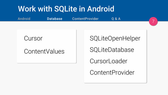 Work with SQLite in Android
Cursor
ContentValues
7
SQLiteOpenHelper
SQLiteDatabase
CursorLoader
ContentProvider
