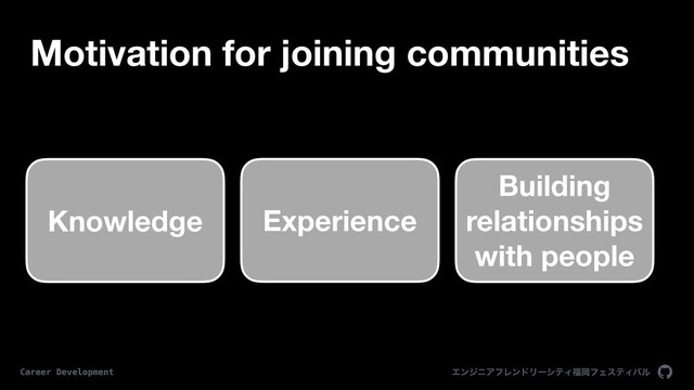 ΤϯδχΞϑϨϯυϦʔγςΟ෱ԬϑΣεςΟόϧ
Career Development
Motivation for joining communities
Knowledge Experience
Building
relationships
with people
