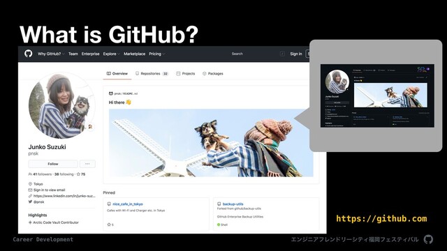 ΤϯδχΞϑϨϯυϦʔγςΟ෱ԬϑΣεςΟόϧ
Career Development
What is GitHub?
https://github.com
