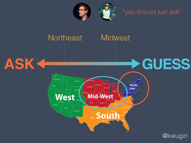 @kwugirl
ASK GUESS
Northeast
“you should just ask”
Midwest
