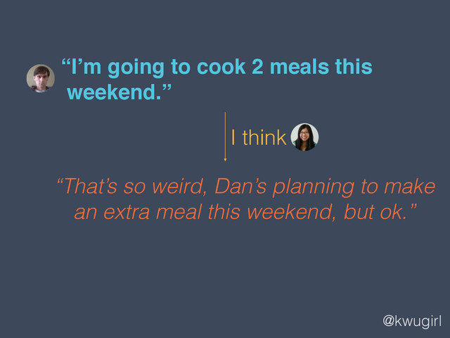 @kwugirl
“I’m going to cook 2 meals this  
weekend.”
“That’s so weird, Dan’s planning to make
an extra meal this weekend, but ok.”
I think
