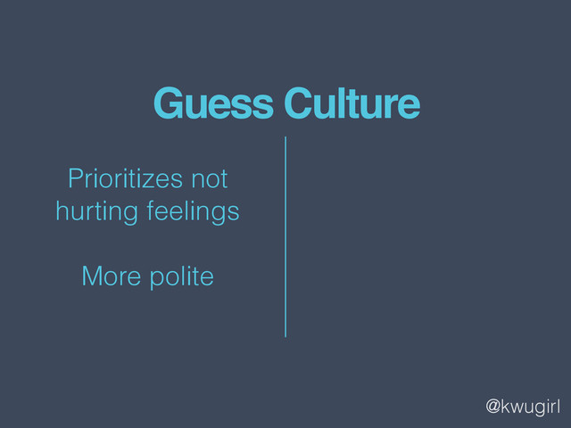 @kwugirl
Guess Culture
Prioritizes not  
hurting feelings
More polite
