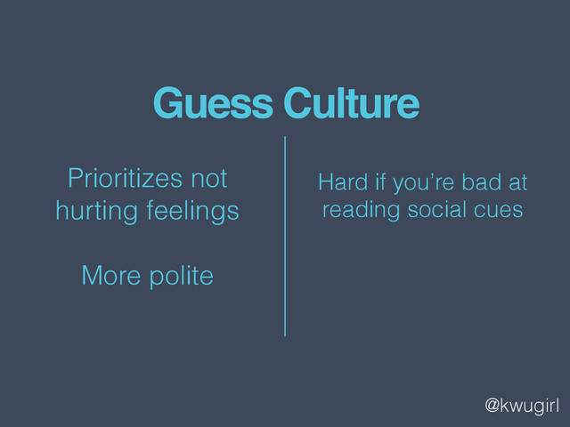 @kwugirl
Guess Culture
Prioritizes not  
hurting feelings
More polite
Hard if you’re bad at  
reading social cues
