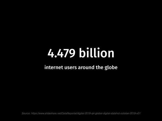 4.479 billion
internet users around the globe
Source: https://www.slideshare.net/DataReportal/digital-2019-q4-global-digital-statshot-october-2019-v01
