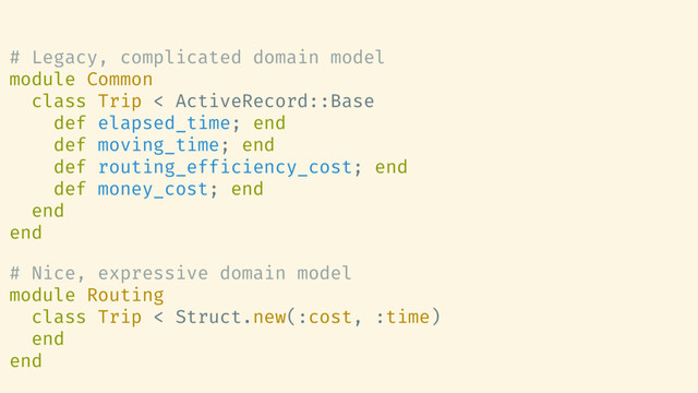 # Legacy, complicated domain model
module Common
class Trip < ActiveRecord::Base
def elapsed_time; end
def moving_time; end
def routing_efficiency_cost; end
def money_cost; end
end
end
# Nice, expressive domain model
module Routing
class Trip < Struct.new(:cost, :time)
end
end
