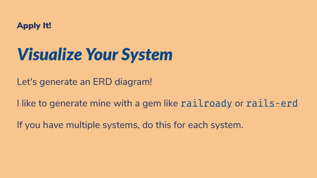 Apply It!
Visualize Your System
Let's generate an ERD diagram!
I like to generate mine with a gem like railroady or rails-erd
If you have multiple systems, do this for each system.
