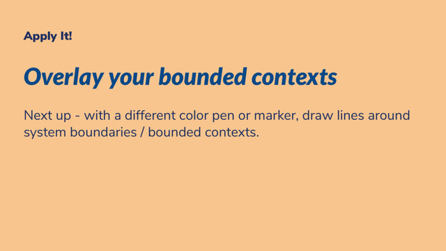 Apply It!
Overlay your bounded contexts
Next up - with a different color pen or marker, draw lines around
system boundaries / bounded contexts.
