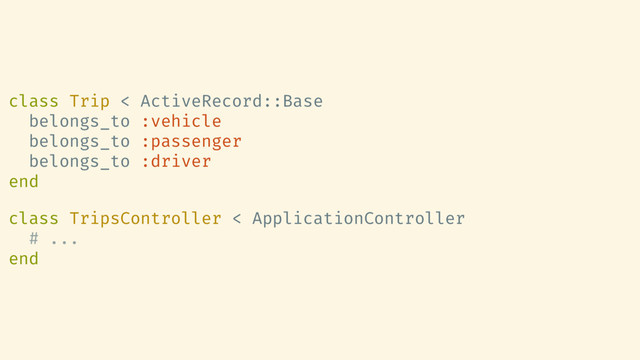 class Trip < ActiveRecord::Base
belongs_to :vehicle
belongs_to :passenger
belongs_to :driver
end
class TripsController < ApplicationController
# ...
end
