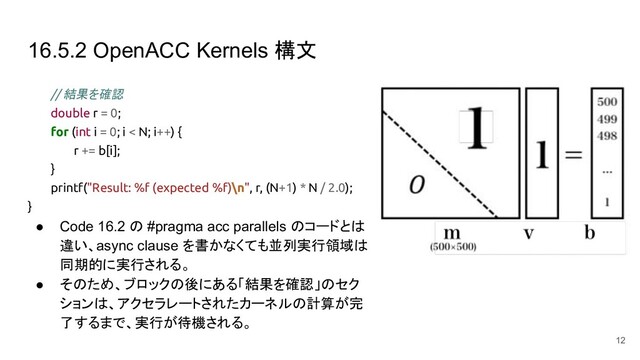 16.5.2 OpenACC Kernels 構文
// 結果を確認
double r = 0;
for (int i = 0; i < N; i++) {
r += b[i];
}
printf("Result: %f (expected %f)\n", r, (N+1) * N / 2.0);
}
● Code 16.2 の #pragma acc parallels のコードとは
違い、async clause を書かなくても並列実行領域は
同期的に実行される。
● そのため、ブロックの後にある「結果を確認」のセク
ションは、アクセラレートされたカーネルの計算が完
了するまで、実行が待機される。
12
