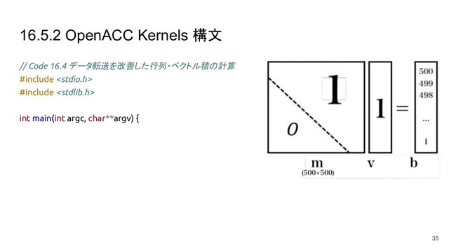 16.5.2 OpenACC Kernels 構文
// Code 16.4 データ転送を改善した行列・ベクトル積の計算
#include 
#include 
int main(int argc, char**argv) {
35
