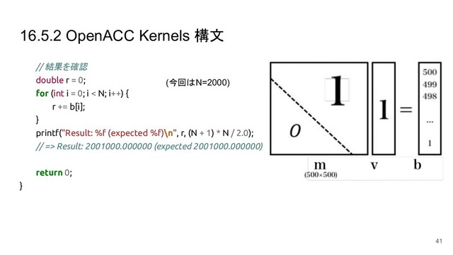 16.5.2 OpenACC Kernels 構文
// 結果を確認
double r = 0;
for (int i = 0; i < N; i++) {
r += b[i];
}
printf("Result: %f (expected %f)\n", r, (N + 1) * N / 2.0);
// => Result: 2001000.000000 (expected 2001000.000000)
return 0;
}
41
(今回はN=2000)
