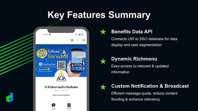 Key Features Summary
Benefits Data API
 
Connects UID to SSO database for data
display and user segmentation
Dynamic Richmenu
 
Easy-access to relevant & updated
information
Custom Notification & Broadcast
 
Efficient message quota, reduce content
flooding & enhance relevancy
