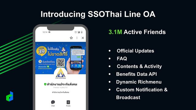 Introducing SSOThai Line OA
3.1M Active Friends


• Official Updates


• FAQ


• Contents & Activity


• Benefits Data API


• Dynamic Richmenu


• Custom Notification &
 
Broadcast
