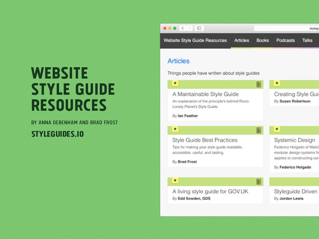 Website
Style Guide
Resources
by Anna Debenham and Brad Frost
styleguides.io

