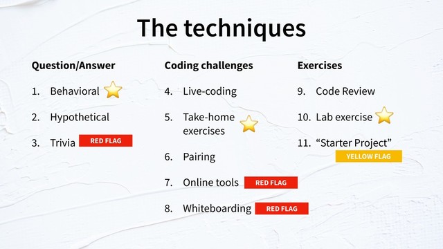 The techniques
1. Behavioral
2. Hypothetical
3. Trivia 
4. Live-coding
5. Take-home
exercises
6. Pairing
7. Online tools
8. Whiteboarding 
9. Code Review
10. Lab exercise
11. “Starter Project”
RED FLAG
RED FLAG
RED FLAG
YELLOW FLAG
⭐
⭐ ⭐
Question/Answer Coding challenges Exercises
