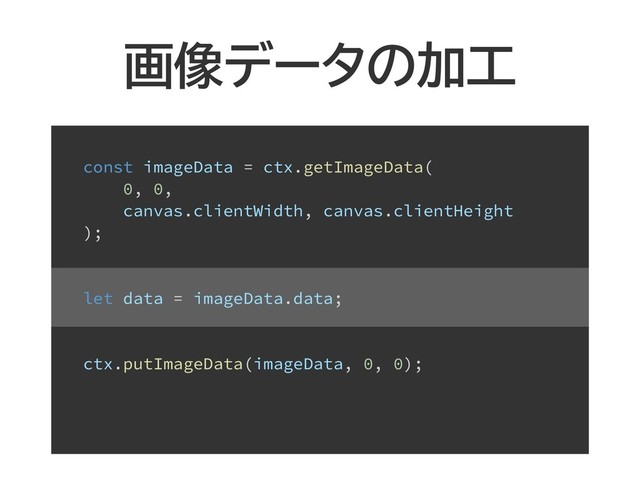 画像データの加工
const imageData = ctx.getImageData(
0, 0,
canvas.clientWidth, canvas.clientHeight
);
let data = imageData.data;
ctx.putImageData(imageData, 0, 0);

